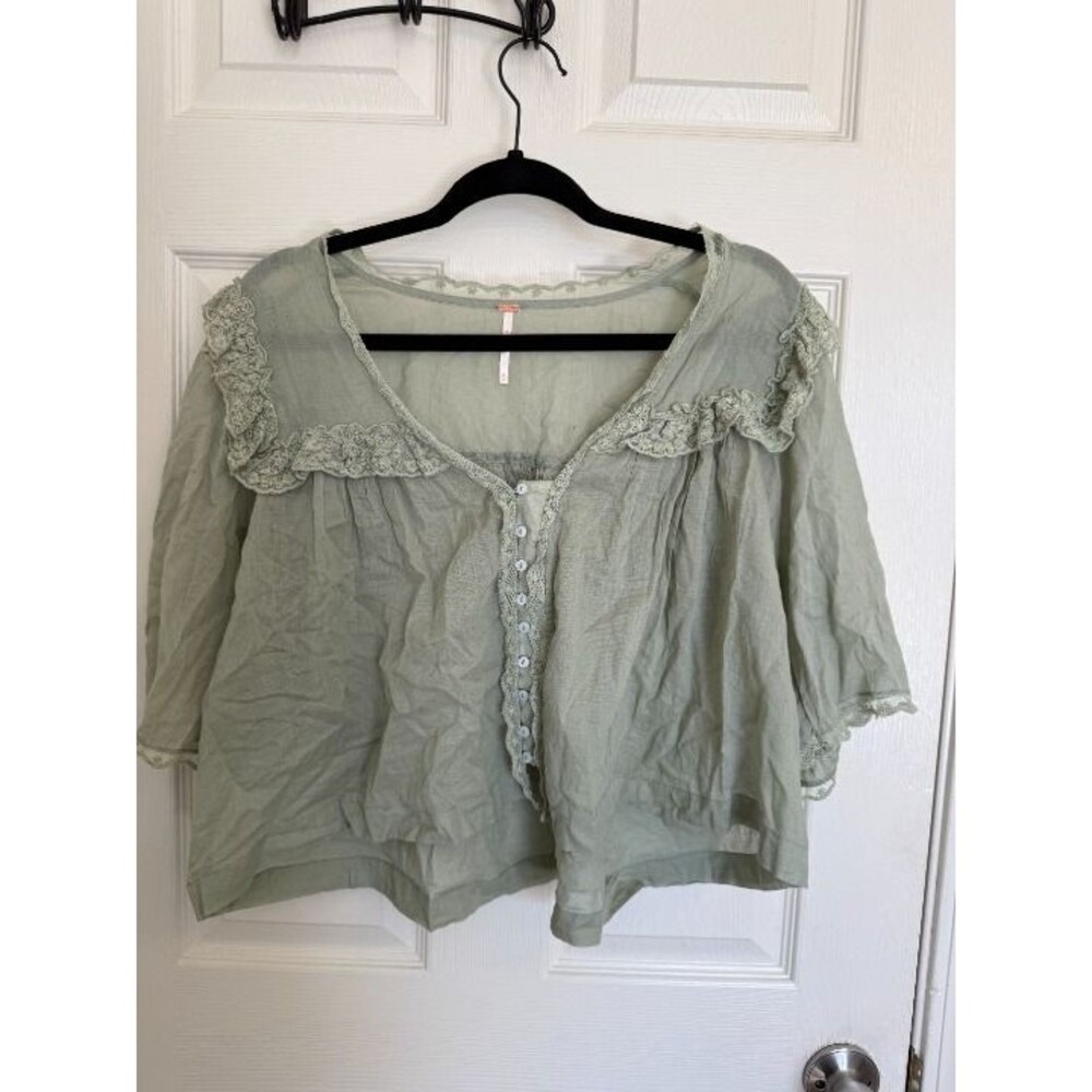Free People People People Sage Lace Yoke Gauze Babydoll Blouse
